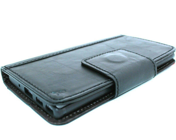 Echte Volllederhülle für Samsung Galaxy Note 10, Book Wallet Cover, magnetischer, weicher Stand, Fenster, kabelloses Laden, Schwarz 