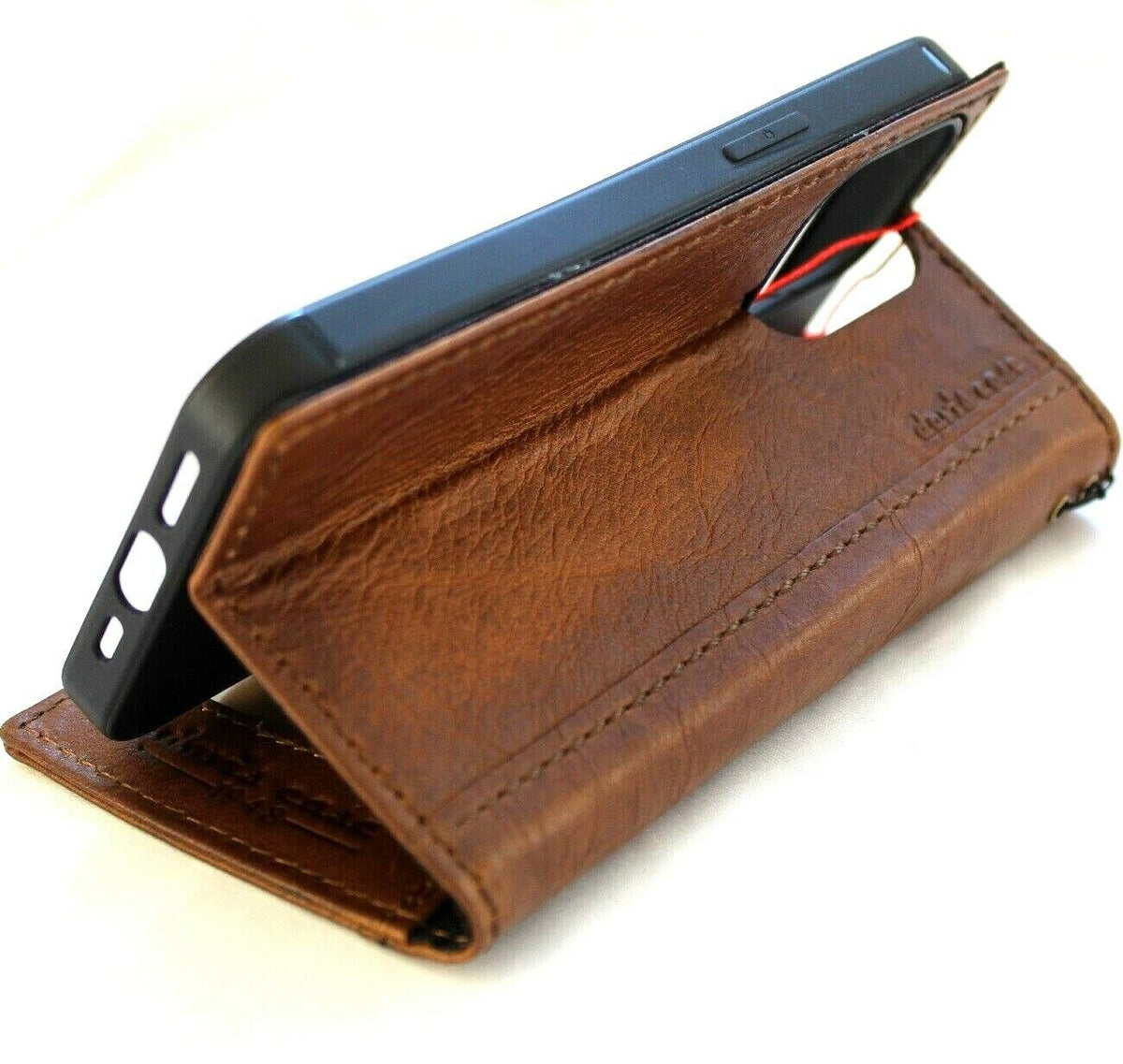 Handcrafted genuine leather wallet case for iPhone 11-15 Pro Max, vintage style with credit card slots, tiger stamping, and full grain leather.