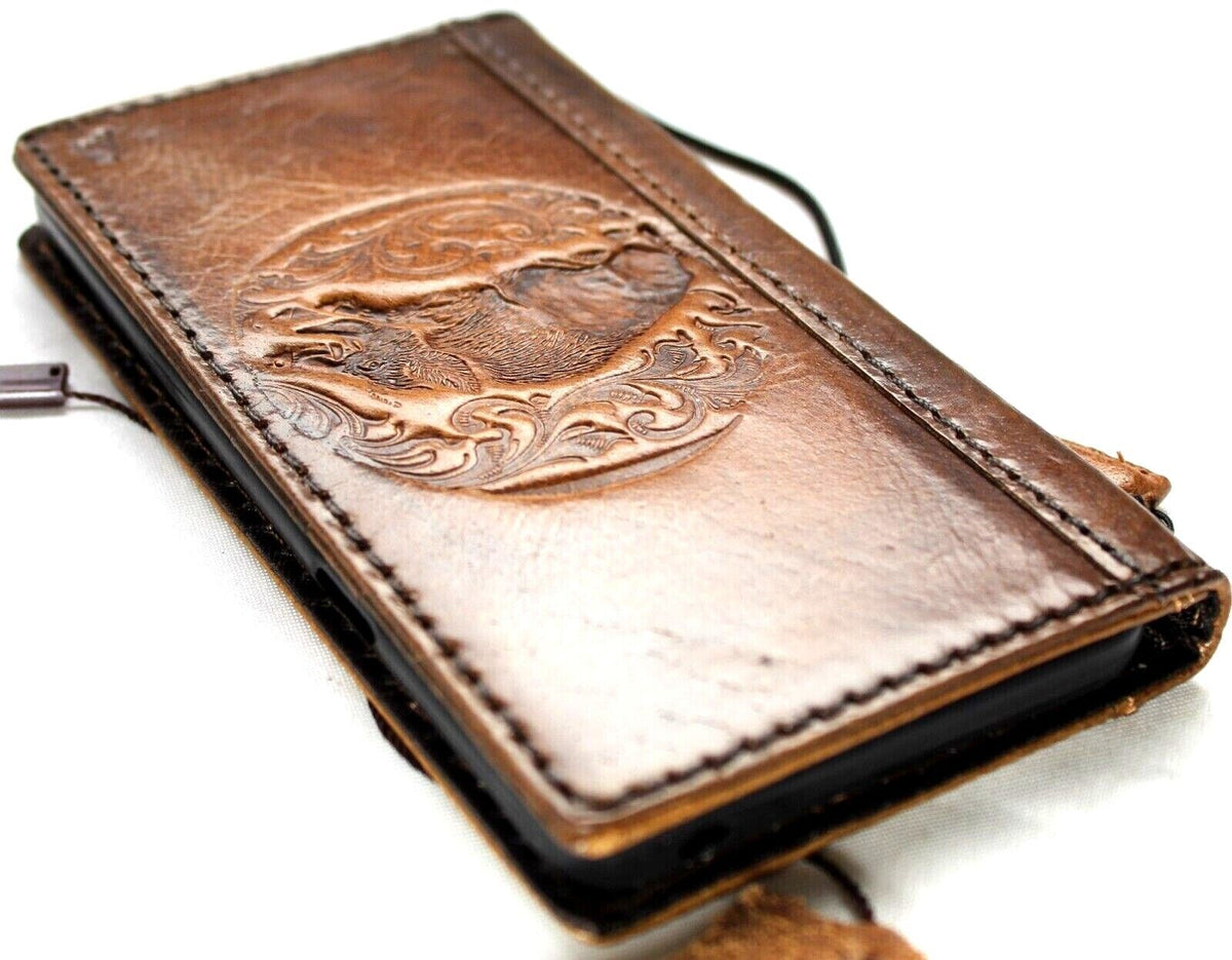 Genuine leather phone case for iPhone 11-16 Pro Max, DAVISCASE, vintage tan style with credit card slots and embossed mini art design.