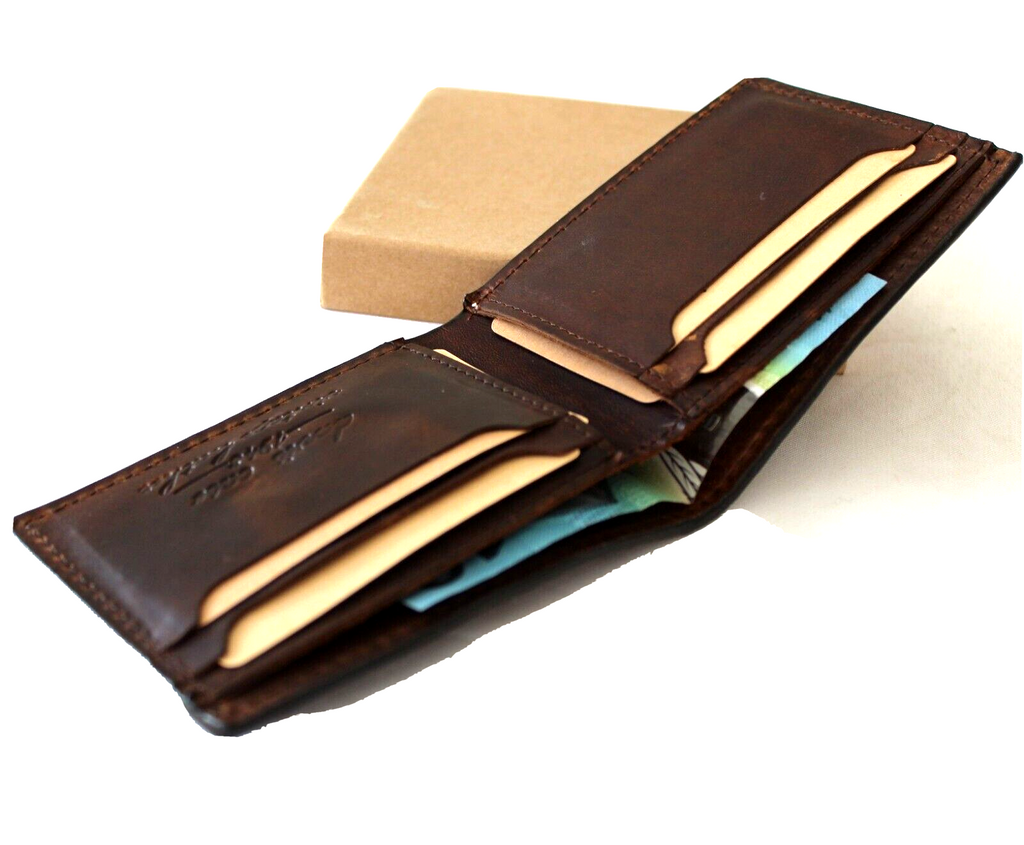 Men's brown genuine leather wallet with credit card slots and Tree of Life design by DAVISCASE, handmade and luxury.
