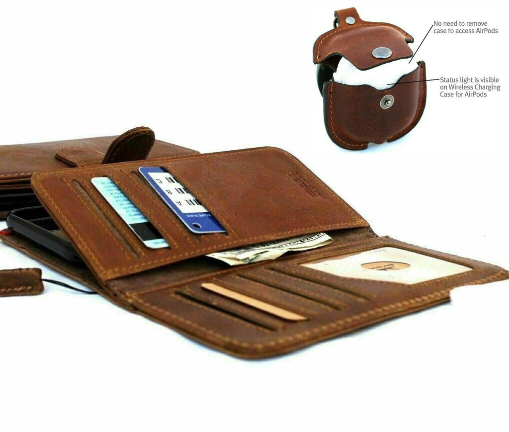 Handmade genuine leather wallet case for Samsung Galaxy Note 10 with window stand, removable cover, and AirPods 2 storage.