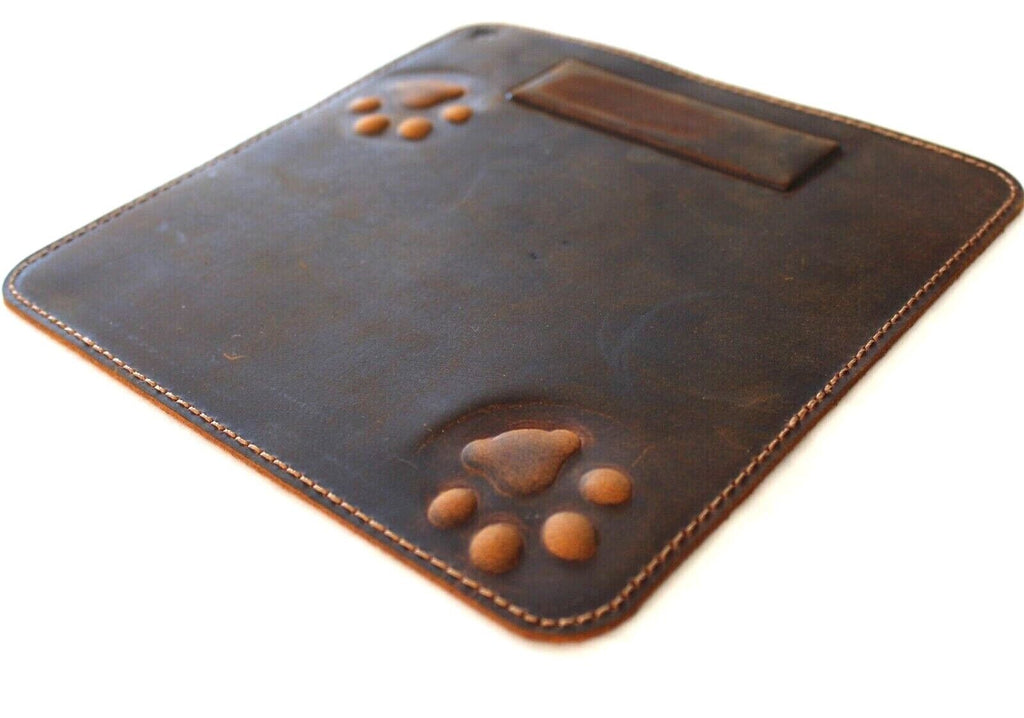 Genuine leather handcrafted iPad case with soft vintage finish, featuring a retro-style dog paw and cat design by DAVISCASE
