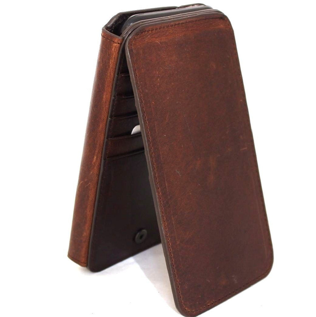 Brown genuine leather iPhone 8 book wallet case with card slots, RFID protection, and a secure closure.