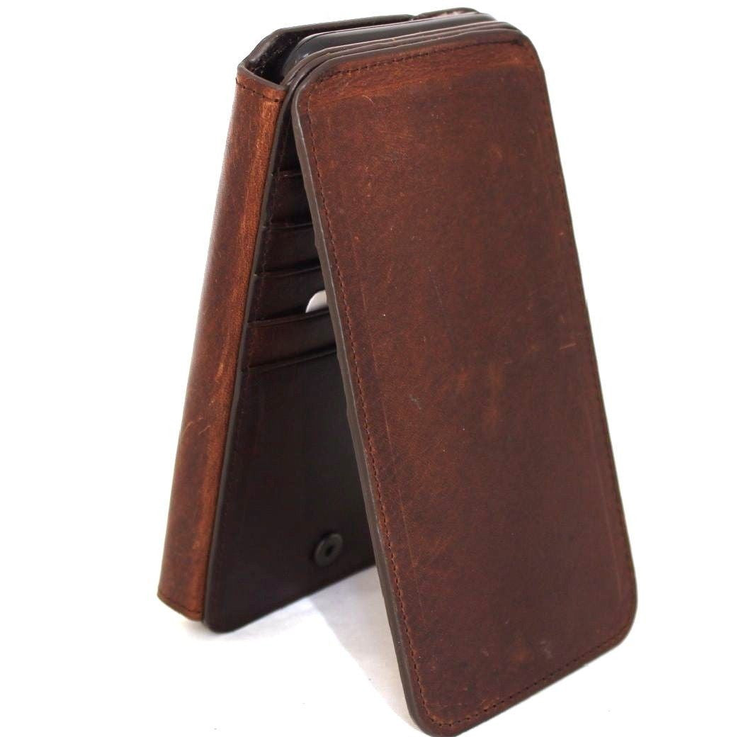 Brown genuine leather iPhone 8 book wallet case with card slots, RFID protection, and a secure closure.