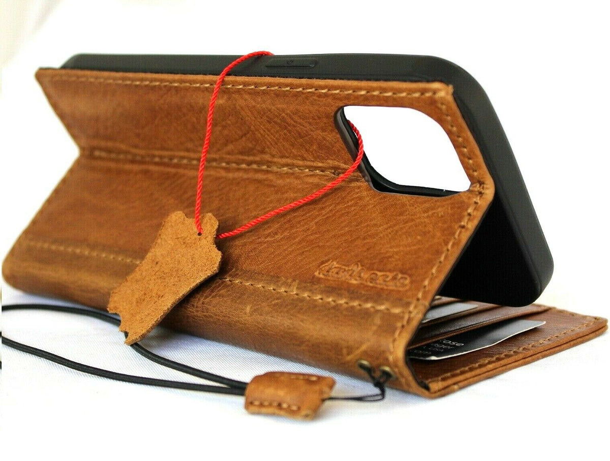 Genuine full tan leather iPhone 12 Pro Max case by DAVISCASE with wallet features, ID window, credit card slots, soft full grain cover