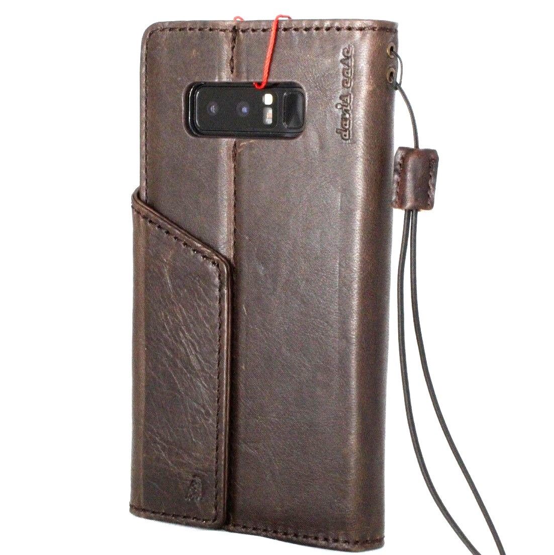 Vintage leather case for Samsung Galaxy Note 8, handmade dark brown wallet cover with card slots and magnetic closure.