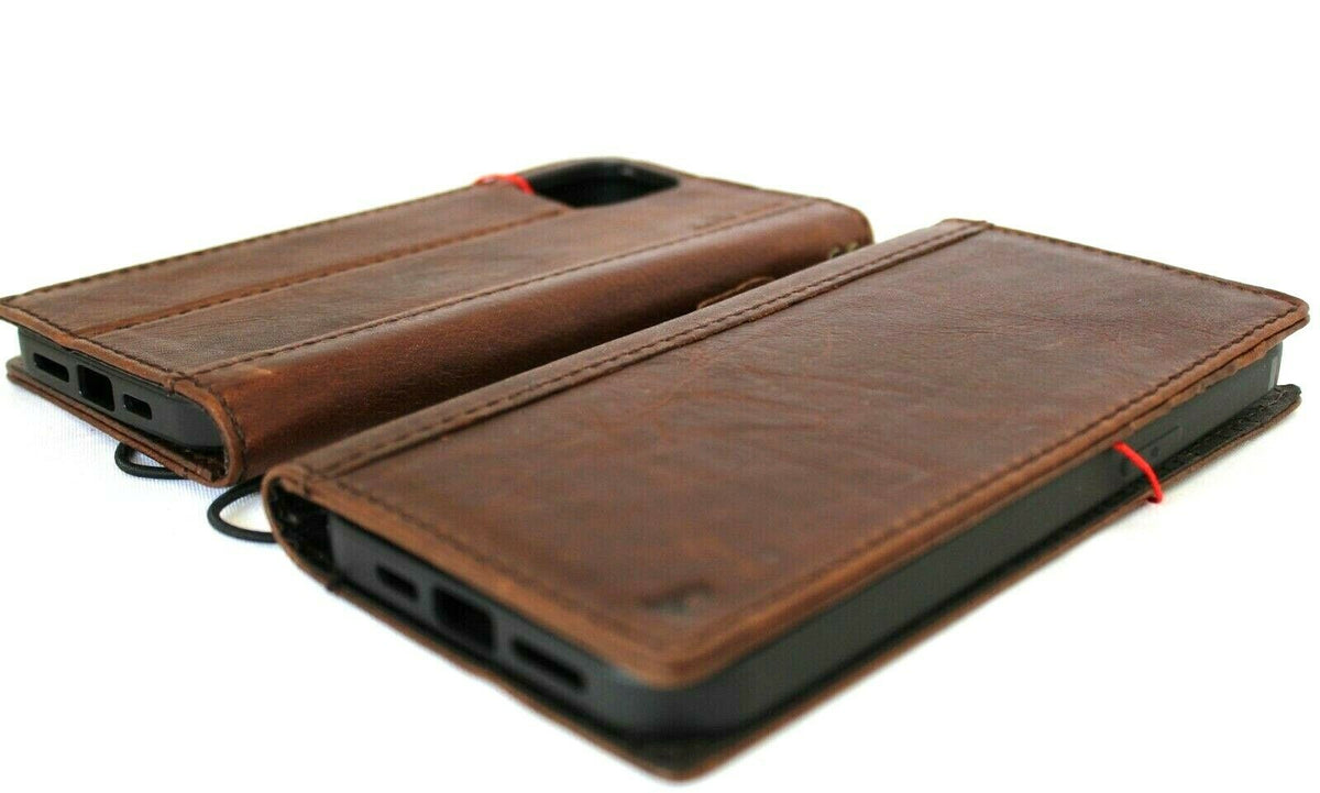 Genuine dark leather iPhone 12 Pro Max case by DavisCase with wallet-style design, ID window, credit card slots, soft full grain leather