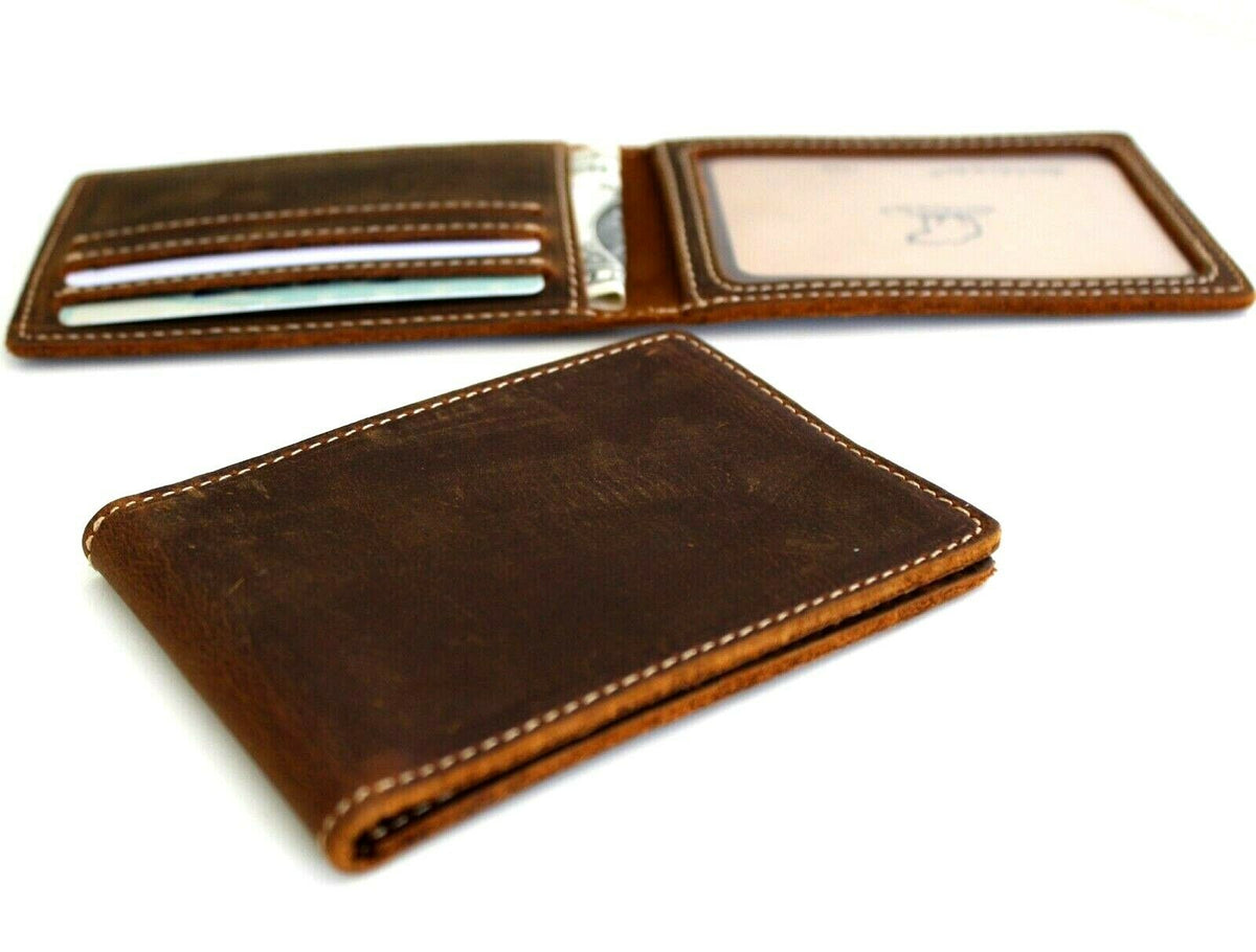 Men's genuine leather wallet by DAVISCASE with slim design, credit card slots, ID window, handmade, retro oiled finish.