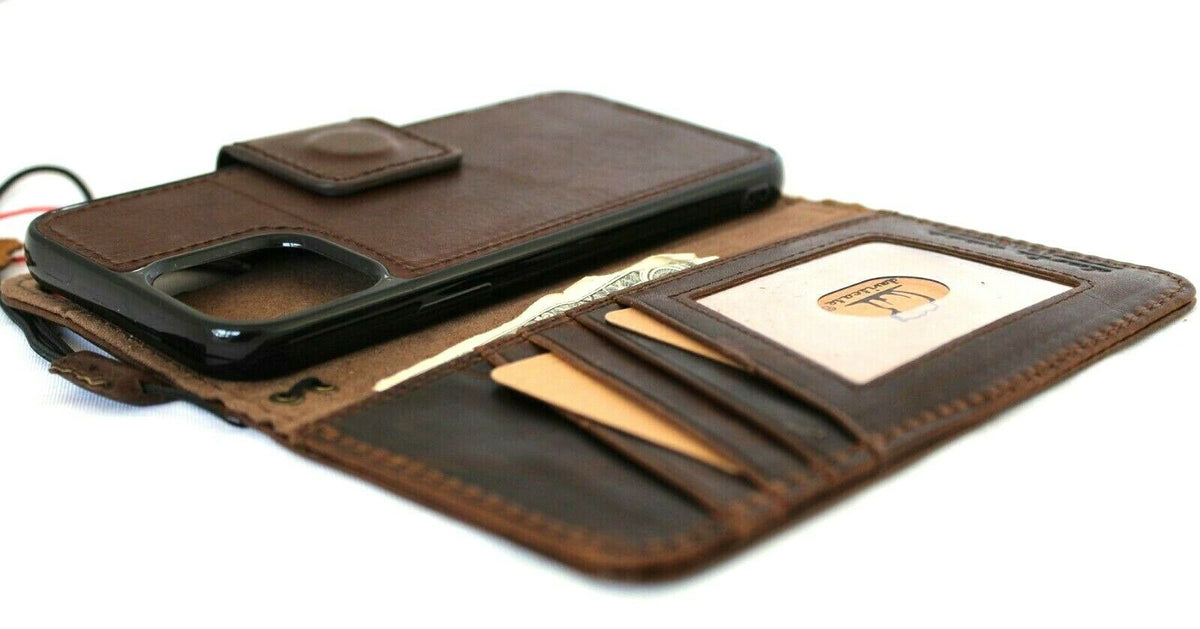 Genuine soft dark leather Apple iPhone 12 Pro case with book wallet style, ID window, credit card slots, and magnetic closure by DAVISCASE.