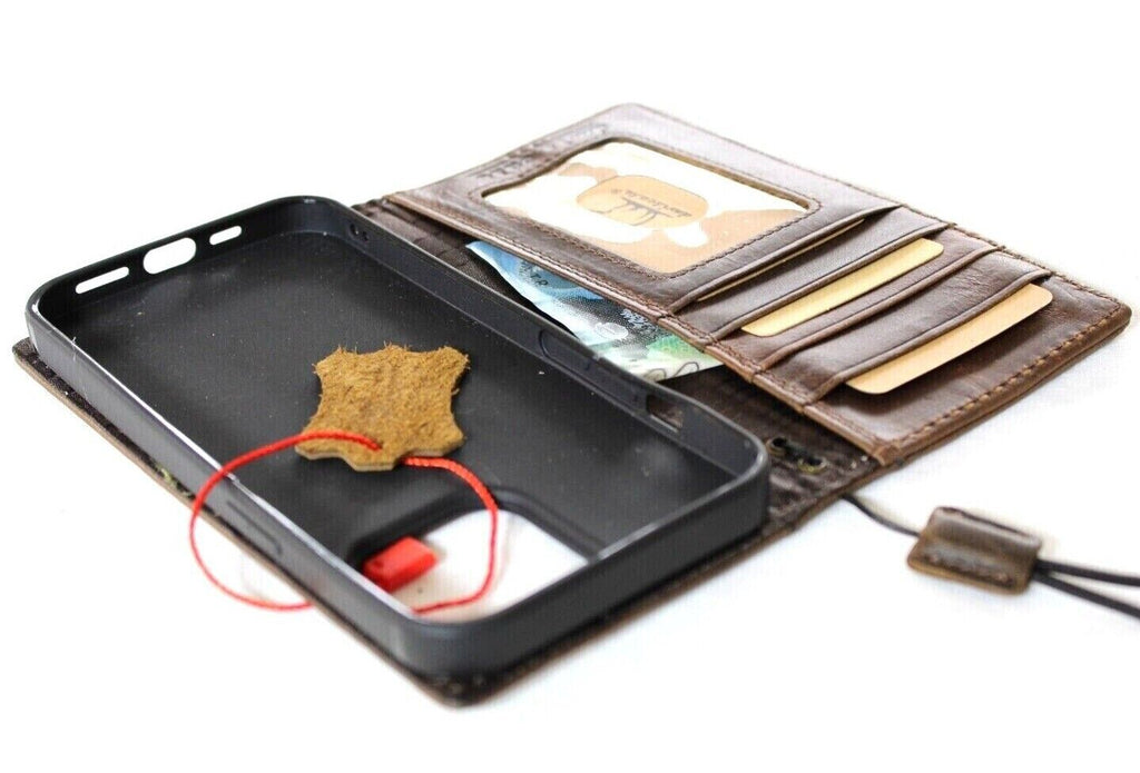 DavisCase genuine leather wallet phone case for iPhone 11-15 Pro Max, vintage tan, with credit card slots and full grain leather finish.