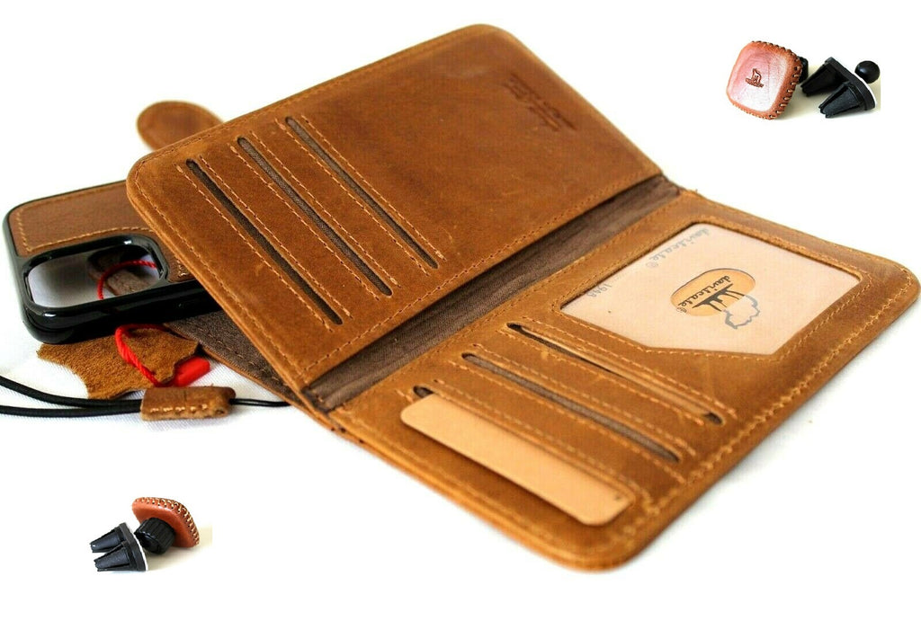 Genuine tan leather iPhone 12 Mini case by DAVISCASE with card slots, magnetic cover, soft closure, and car holder attachment.
