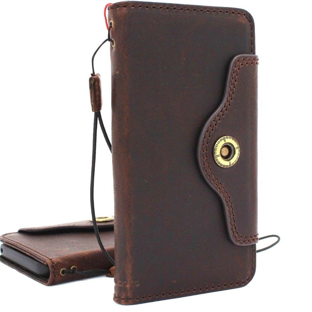 Handmade dark brown leather wallet case for Samsung Galaxy S9 with Jafo design, featuring a book-style cover and wireless charging compatibility.