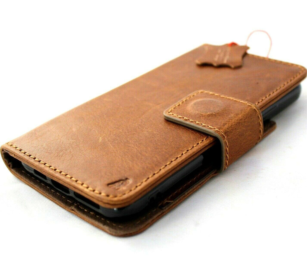 Handmade genuine full tanned leather iPhone 11 Pro Max case with wallet, credit card slots, ID window, and soft wireless charging compatibility.