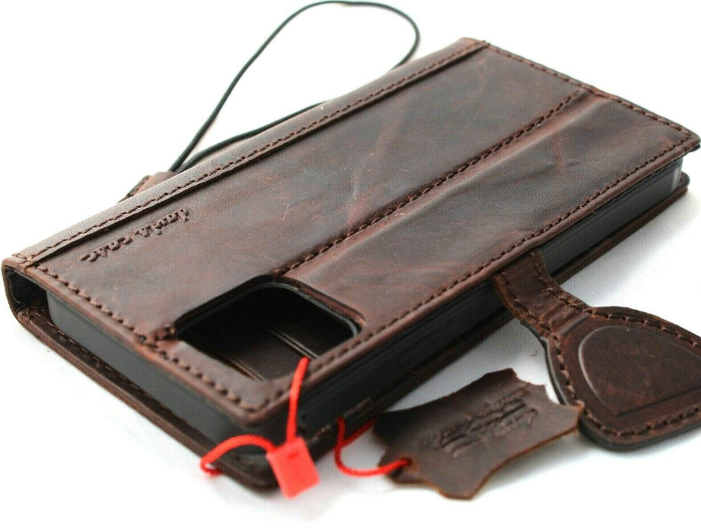 Genuine dark leather iPhone 12 wallet case with credit card slots, ID window, magnetic closure, handmade by DAVISCASE.