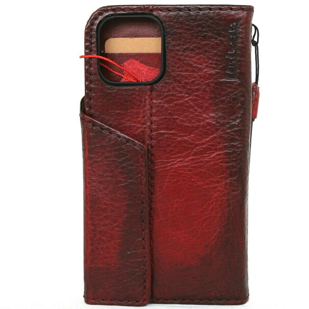 Wine red genuine leather wallet case for iPhone 11 Pro Max by DAVISCASE, handmade with credit card slots and rubber strap.
