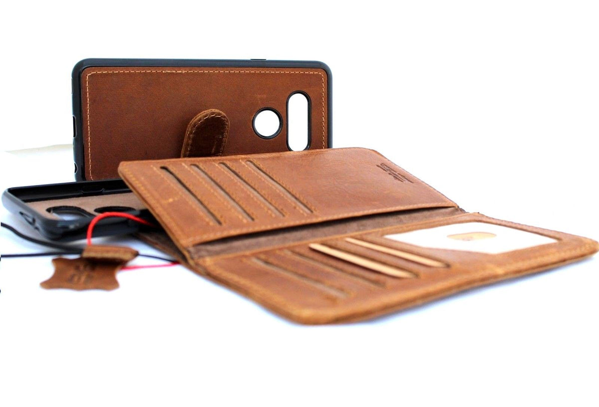 Genuine leather phone case for LG V40 ThinQ, GALAXY, with card slots, magnetic holder, slim design, soft retro style.