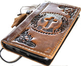 Genuine Leather Case For Apple iPhone 11 12 13 14 15 Pro Max 7 8 plus Crafts falcon SE XS Wallet  Book Vintage Tan Style Credit Card Slots Cover Wireless Full Grain Cross of Jesus  luxury Mini Art Diy Embossing