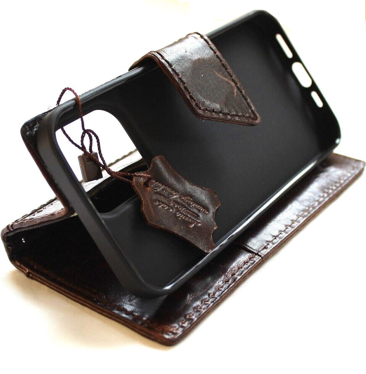 Handcrafted genuine leather phone case for iPhone 11-15 Pro Max, 7, 8 Plus, SE, XS with vintage dog paw design, credit card slots, DavisCase