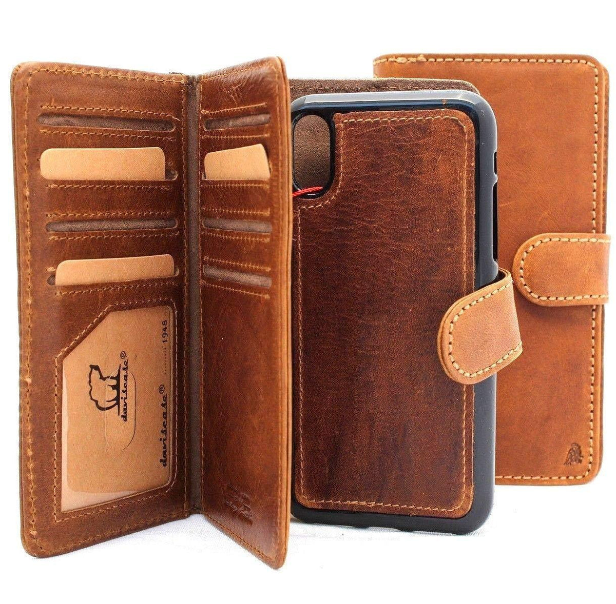 Genuine soft leather iPhone XR case by DAVISCASE with credit holder, magnetic book style, removable AirPods 2 case, in tan.