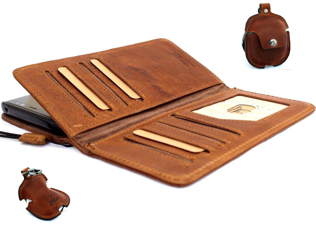 Genuine full leather Samsung Galaxy Note 9 wallet case with card slots, magnetic holder, vintage design, includes AirPods 2.