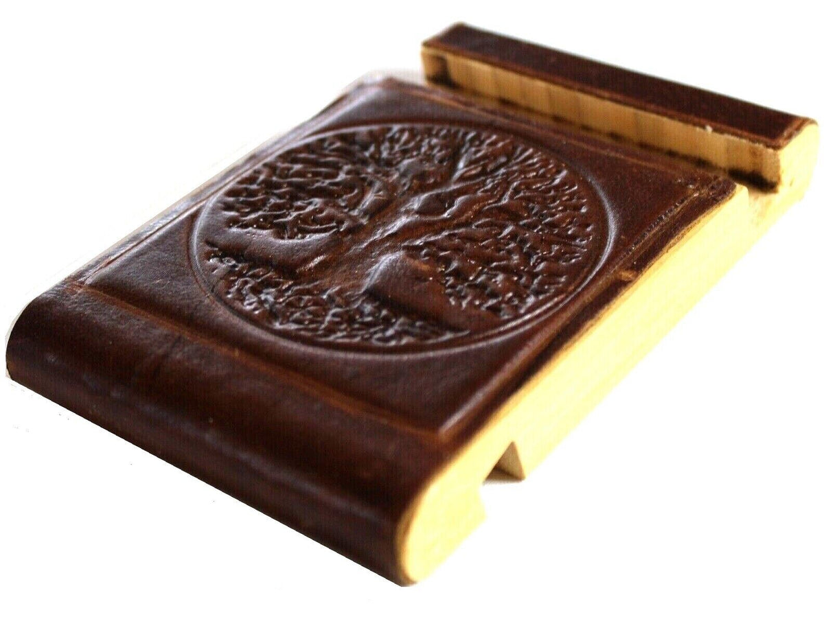 Handmade leather phone stand by DAVISCASE for iPhone 11-14 Pro Max, vintage rustic wood design, full grain leather, mini art style