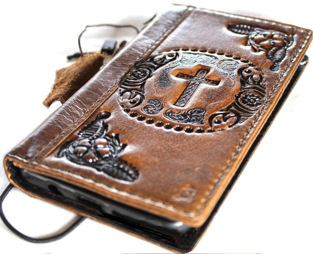 Handmade leather phone case for Samsung Galaxy S22, Note 20, A71, 4G/5G models with vintage art wallet and mini Jesus cross design.