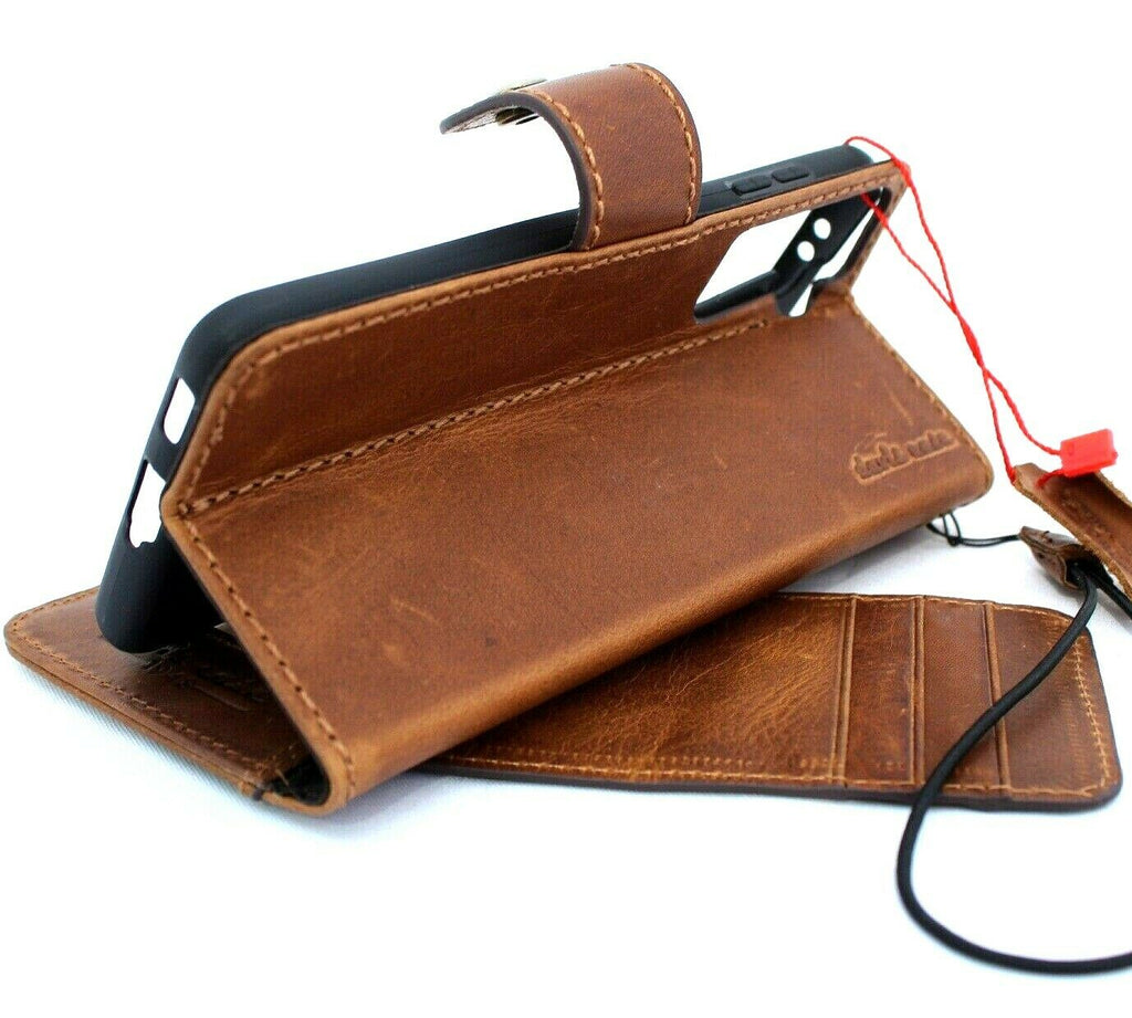 Genuine tan leather book wallet case for Samsung Galaxy S21 by DavisCase, with card slots and wireless charging compatibility.