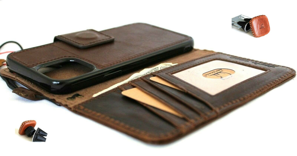 Genuine soft leather iPhone 12 book wallet case by DAVISCASE with credit card slots, vintage design, dark cover, and magnetic car holder.