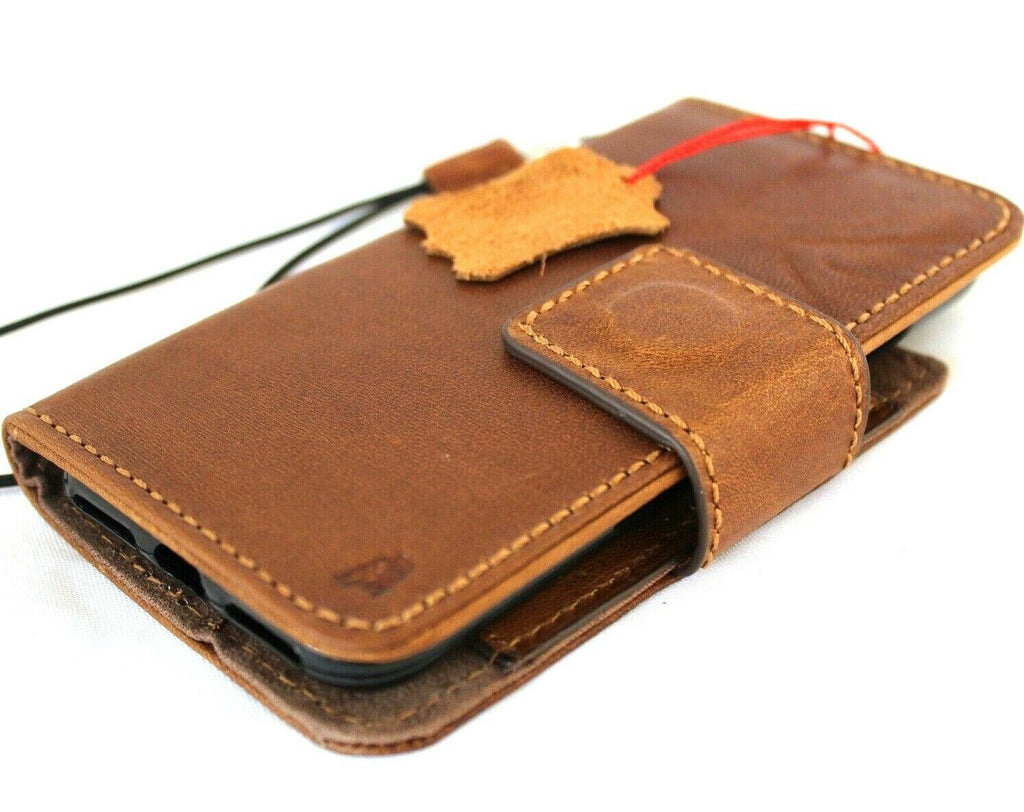 Genuine full tanned leather iPhone 8 case by DAVISCASE with card slots, ID window, strap, and wireless charging compatibility.