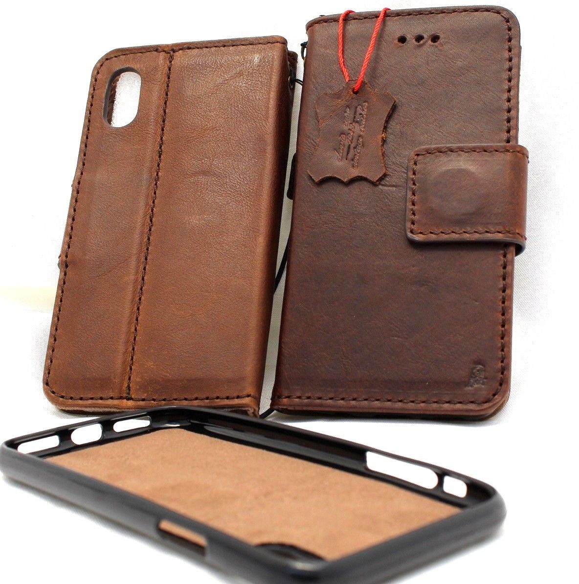 Handmade vintage tan leather iPhone XS Max case with magnetic wallet and credit holder, slim, removable, and stylish by vendor-unknown.