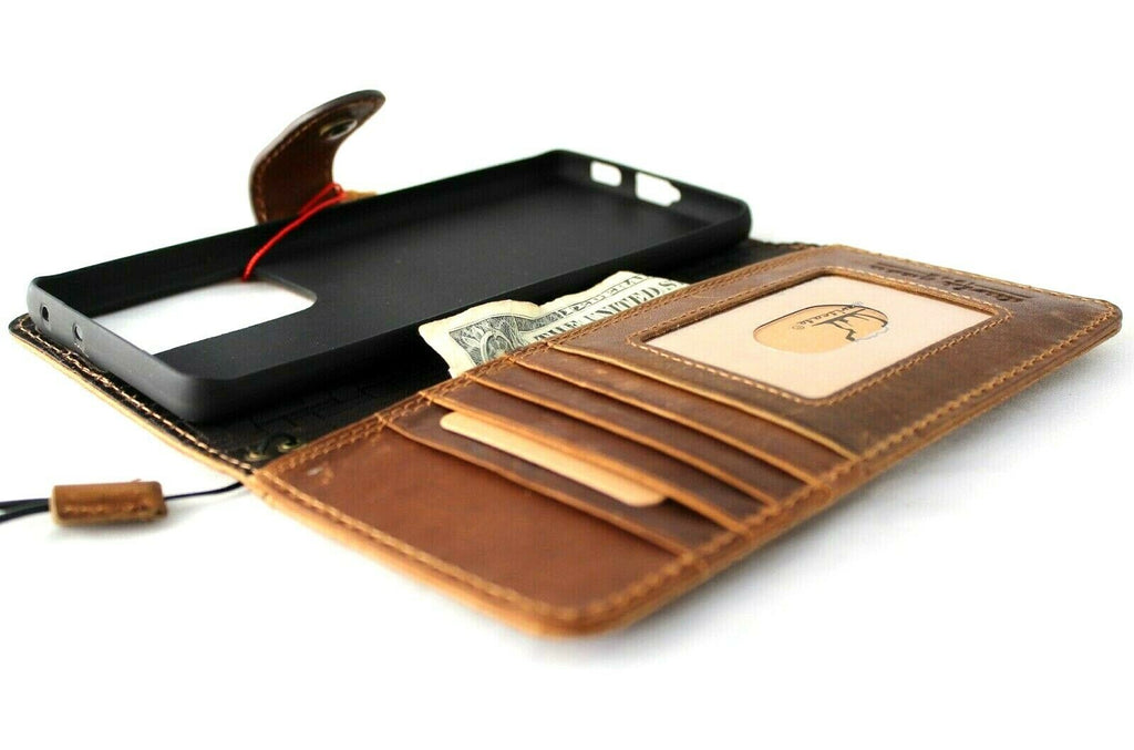 Genuine tan leather Samsung Galaxy S21 Ultra 5G case by DAVISCASE with wallet design, handmade rubber holder, wireless charging compatible