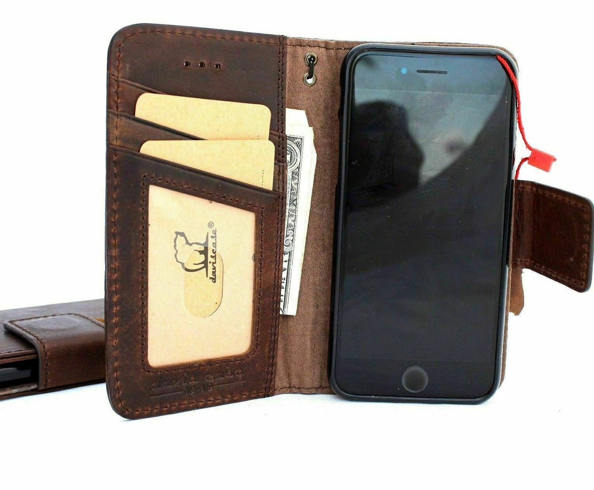 Dark leather iPhone 8 wallet case by DAVISCASE with card slots, magnetic cover, soft interior, and detachable AirPods 2 case.