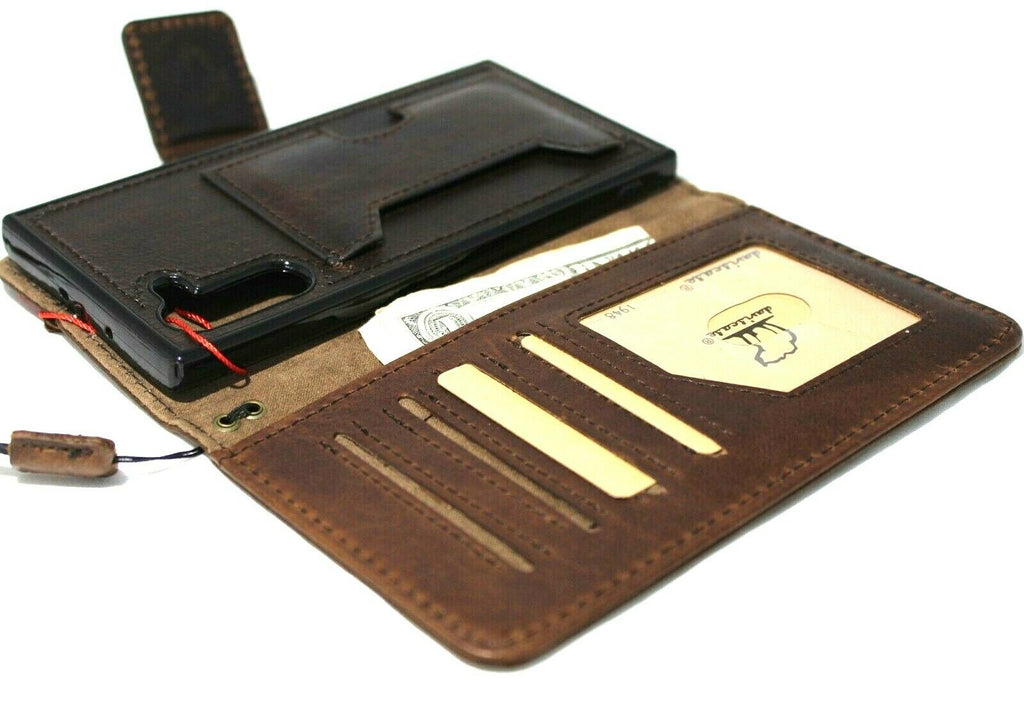 Handmade genuine dark leather Galaxy Note 10 case with wallet-style cover, window, stand, and wireless charging compatibility by DavisCase.