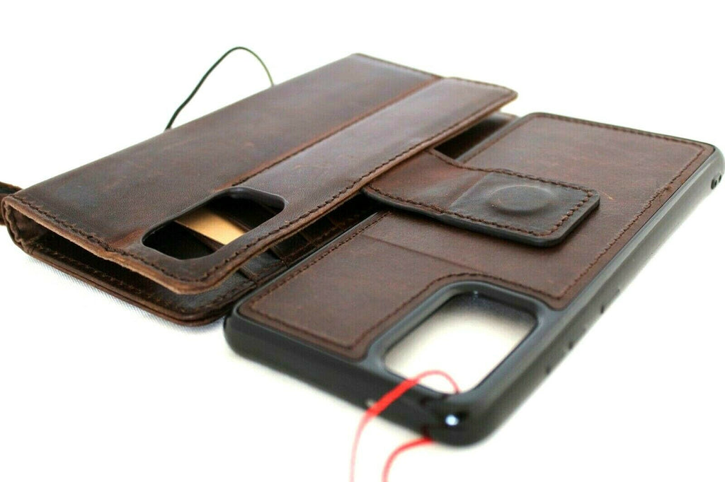 DavisCase genuine full leather Samsung Galaxy Note 20 book wallet case with card slots, magnetic stand, and removable cover.