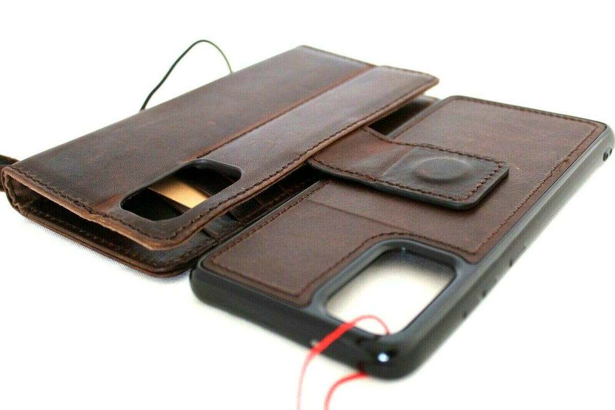 DavisCase genuine full leather Samsung Galaxy Note 20 book wallet case with card slots, magnetic stand, and removable cover.