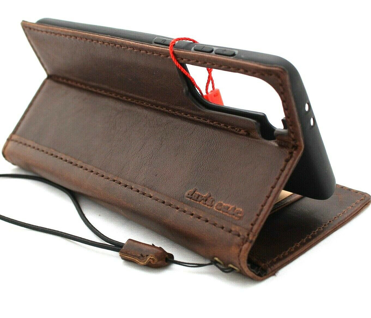 Dark vintage leather wallet case for Samsung Galaxy S22 Plus 5G by DAVISCASE with ID window, card slots, and wireless charging feature.