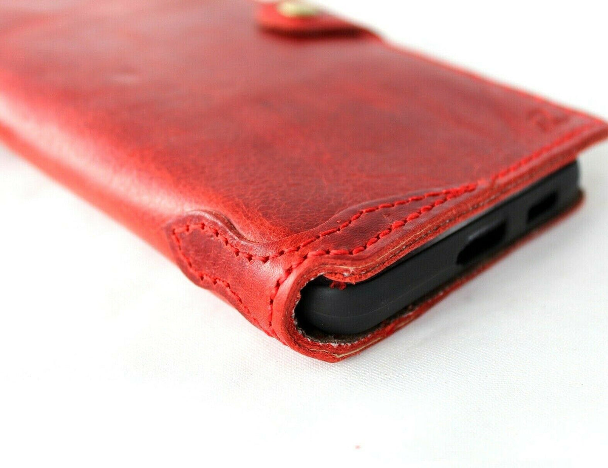 Handmade genuine leather Samsung Galaxy S22 Ultra 5G case with wallet features, credit card slots, rubber holder, and red accents.