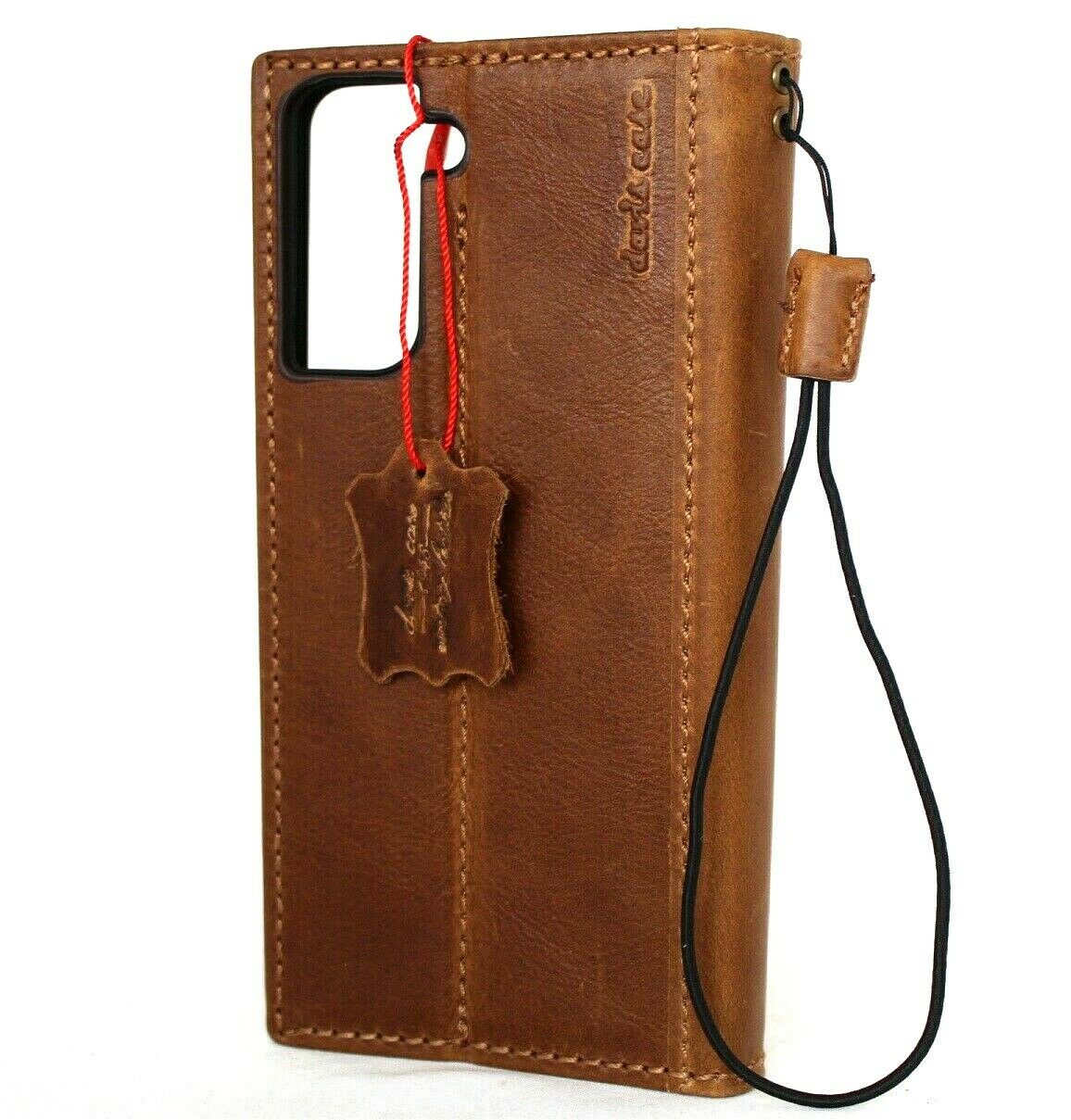 Genuine tan leather Samsung Galaxy S22 Plus 5G wallet case by DAVISCASE with card slots, wireless charging holder, luxury rubber accents