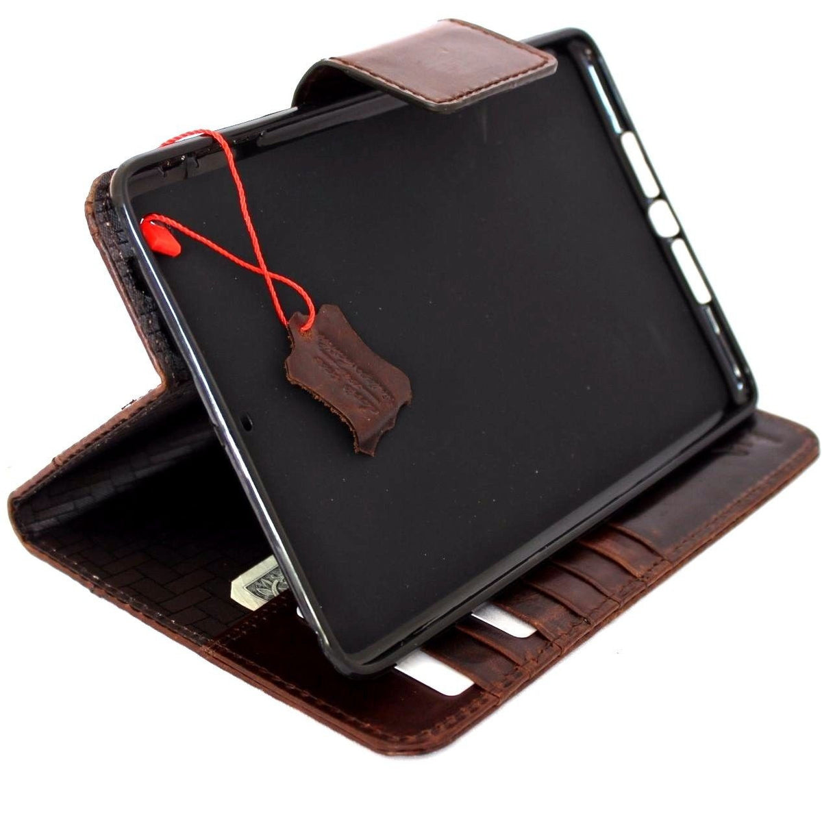 Vintage brown genuine leather iPad Mini 4 case with card slots, handbag style, crafted by DavisCase for stylish protection.