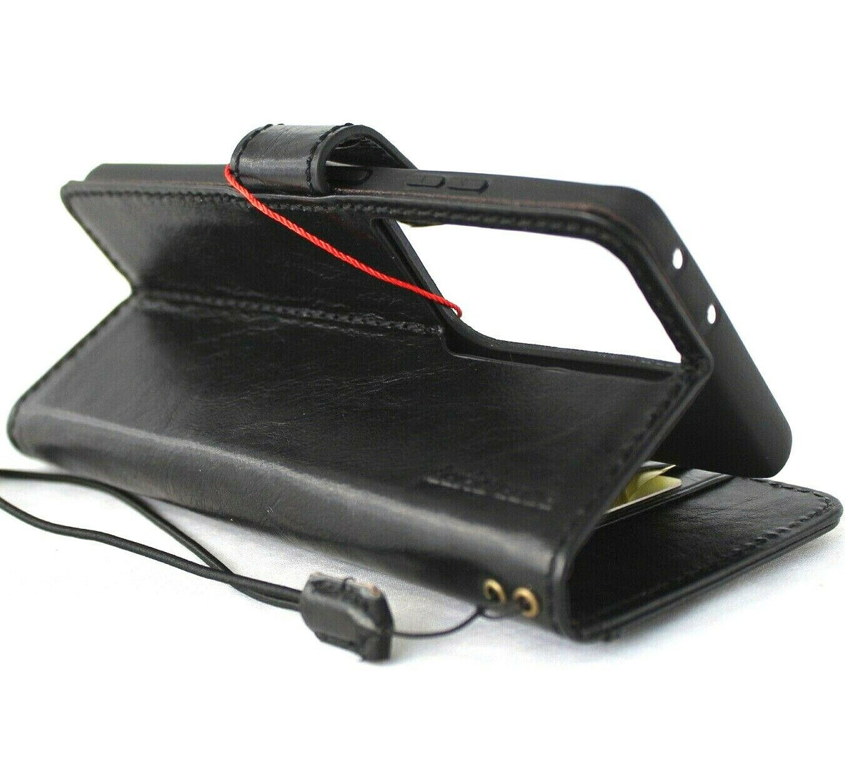 Black genuine top grain leather Samsung Galaxy S21 Ultra 5G wallet case with card slots, handmade by DAVISCASE.