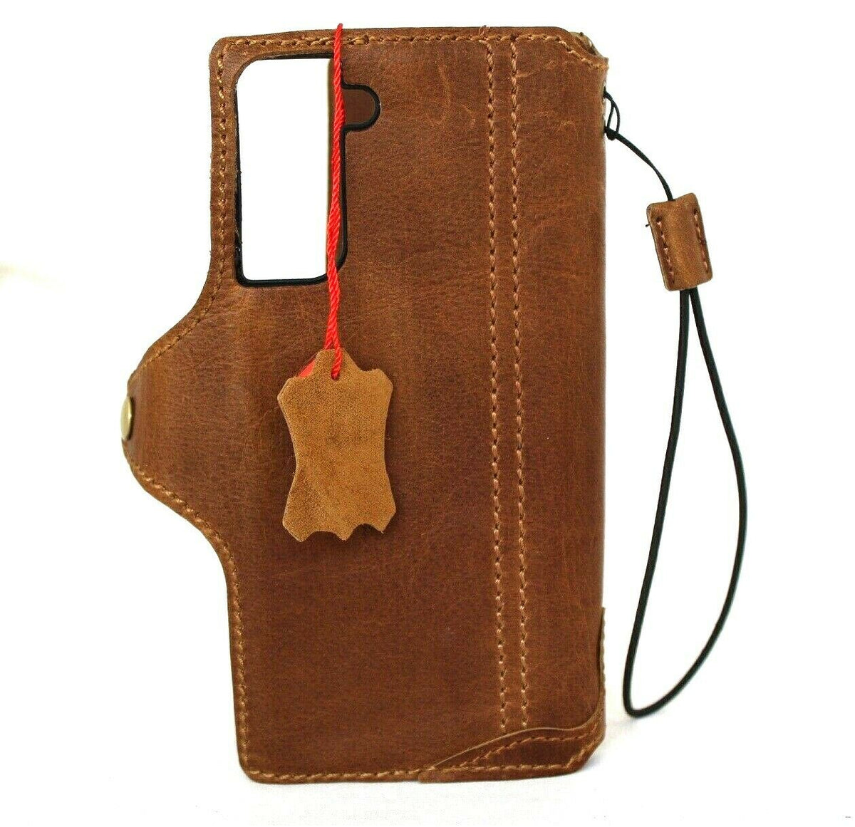 Genuine vintage leather Samsung Galaxy S21 Plus case by DavisCase, soft wallet cover with card slots in tan leather.