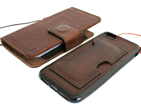 Genuine Vintage Dark Brown Leather Case for iPhone 8 Detachable Removable Cover Book Wallet Cards ID Window Rubber holder Strap Wireless Charging DavisCase