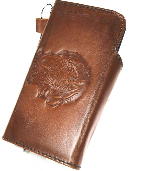 Étui en cuir véritable pour Apple iPhone 11 12 13 14 15 Pro Max 6 7 8 plus SE 2020 XS portefeuille livre Style Vintage fenêtre d'identification fentes pour cartes de crédit couverture sans fil pleine fleur Davis luxe Mini Art magnétique bricolage aigle