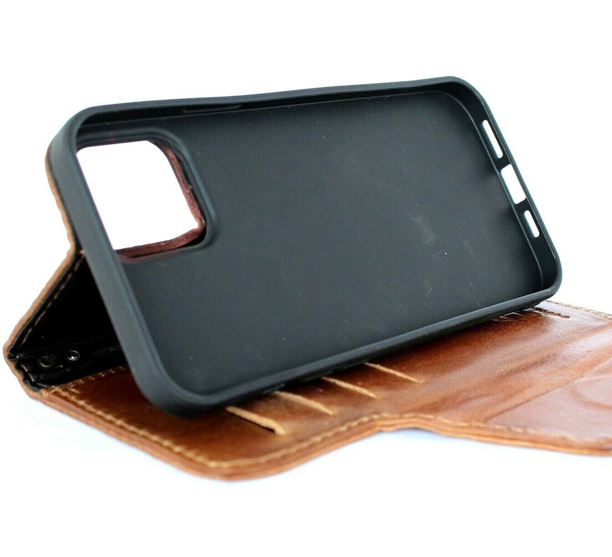 Genuine tan leather wallet case for iPhone 12 Pro Max with credit card slots by DAVISCASE, soft top grain leather cover.