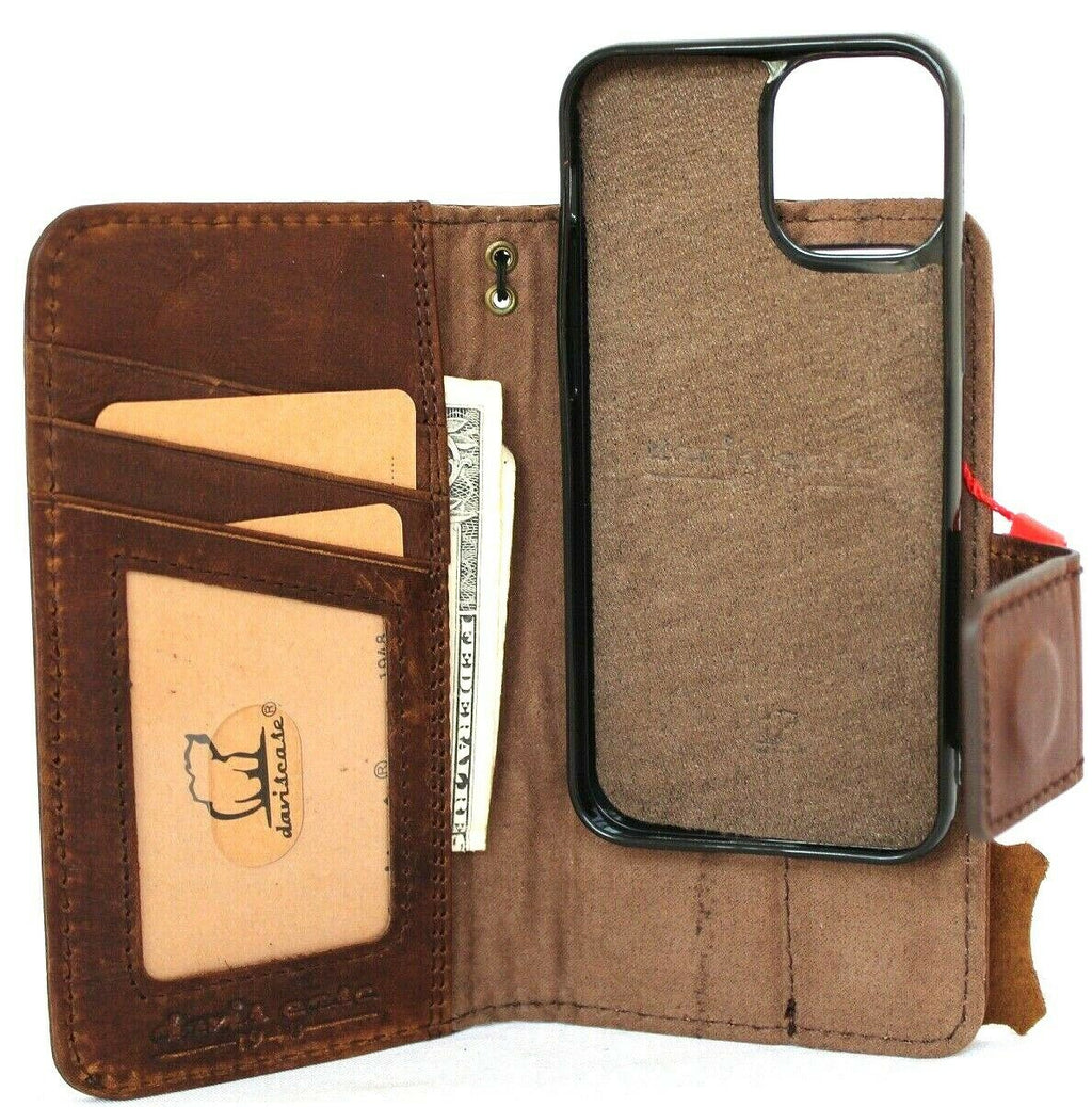 Genuine dark leather iPhone 12 Mini case by DAVISCASE with vintage book wallet design, credit card slots, soft closure, full grain leather