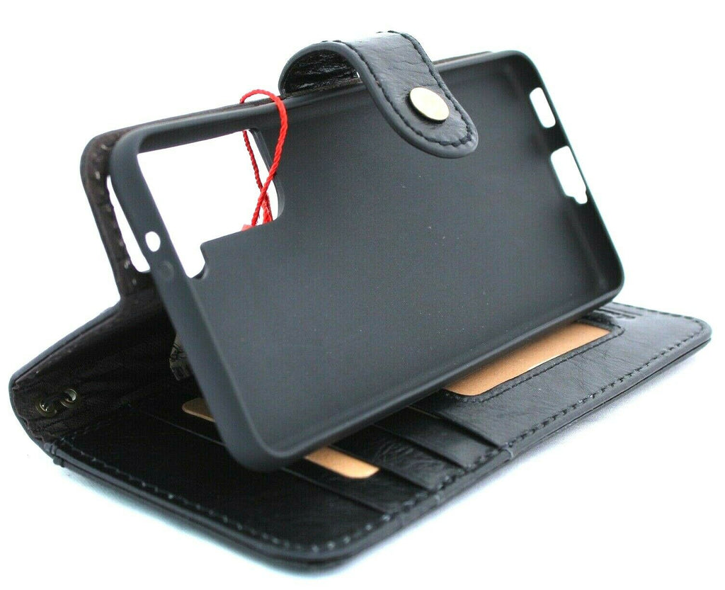 Black genuine Italian leather Samsung Galaxy S21 book wallet case with handmade design and rubber holder by DavisCase.