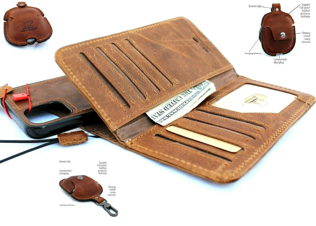 Handmade leather phone case for iPhone 11 Pro Max with wallet, credit holder, magnetic closure, and AirPods 2 storage in tan color.