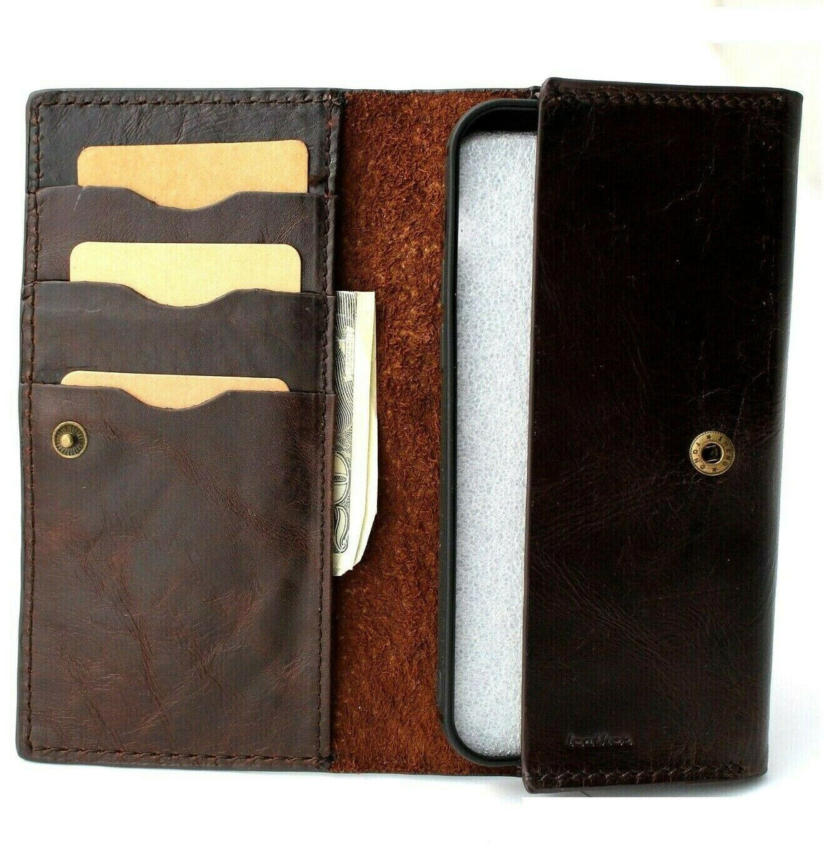 Handmade genuine leather phone case by DAVISCASE for iPhone 12-14, featuring vintage style, ID window, credit card slots, and removable cover.