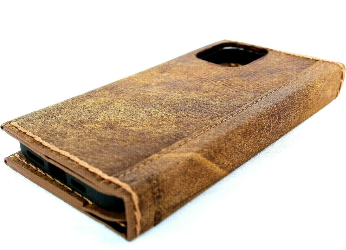 Handmade genuine soft leather wallet case for Apple iPhone 13 Pro Max, with card slots and slim vintage design by DAVISCASE.