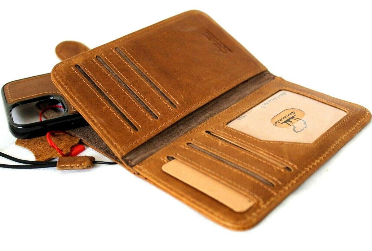 Genuine tan leather case for Apple iPhone 12 Mini with vintage book wallet design, credit card slots, soft closure, and detachable cover.